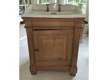Wonderful Vintage  Pine Wash Stand With A White Porcelain Sink, Signed On The Bottom