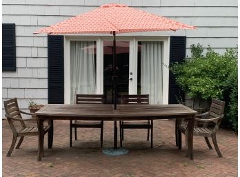 Crate & Barrel Teak Table, Four Arm Chairs And An Umbrella Awith Stand