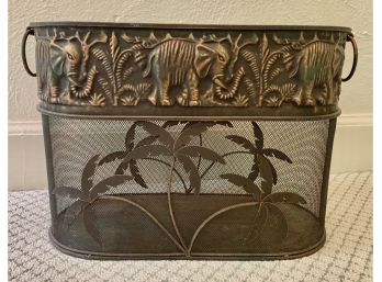 Palm Tree & Elephant Decorated Metal And Mesh Oval Basket