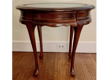 Dark Stained Oval Side Table With Glass Inset Top