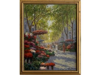 Oil On Canvas Depicting A Floral Street Vendor