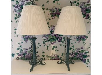 Pair Metal Table Lamps With White Cloth Shades