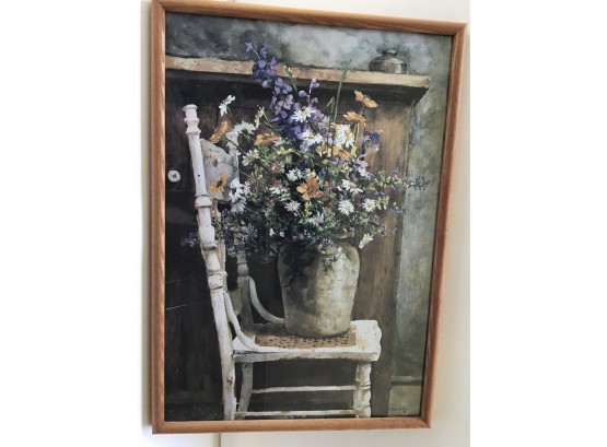 Large Signed Antique Chair Crock Of Wild Flowers Print