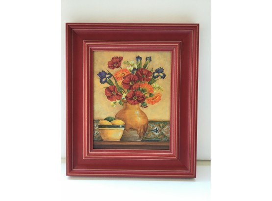 Red Frame Pottery Flowers Signed Painting
