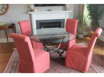 54' Round Glass And Cast Iron Table With Four Custom Upholstered Parsons Chairs