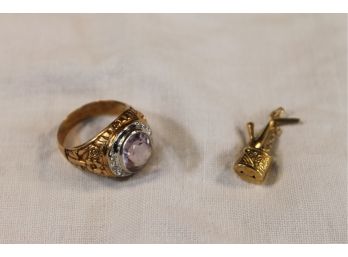 Men's 18K Rose Gold Ring With Amethyst Stone & Smaller Surrounding Diamonds & Watering Can 14K Gold Charm