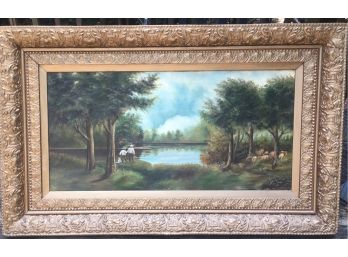 19th Century Oil Painting . Hudson River School. Children Fishing In A Landscape