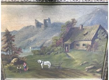 Antique Oil On Canvas Landscape Painting In Lemon Gold Frame