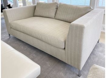 Custom Herringbone Loveseat On Polished Stainless Steel Legs