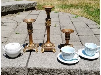 Vintage Brass Candlesticks And Teacups