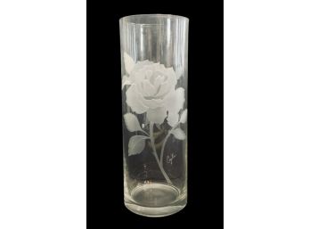 Perry Coyle Crystal Art Glass Signed Vase Etched Rose (RETAILED $125.00)