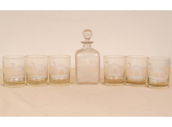 Etched Glass Decanter & Six Glasses With African Animal Theme