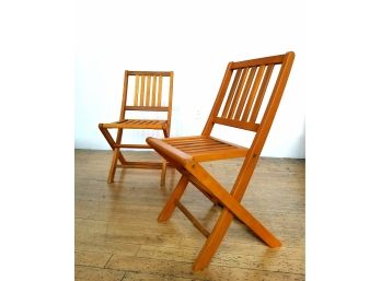 Pair Solid Teak Vintage Modern Folding Chairs .