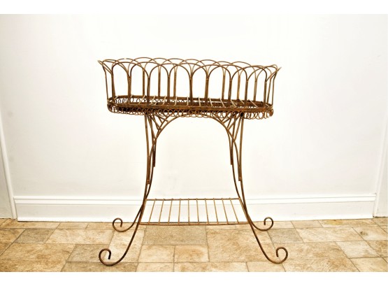 Antique Iron Plant Stand With Wire Basket Top
