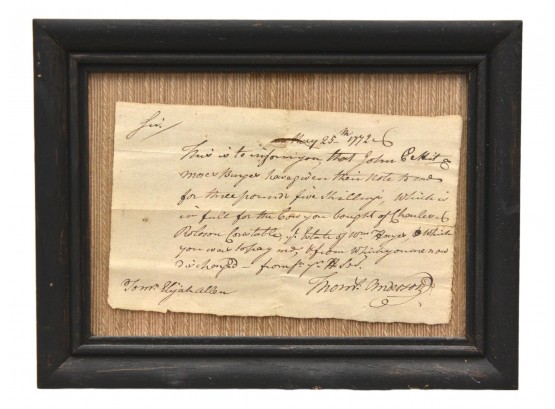 Receipt Dated 1772 From Thomas Anderson For The Purchase Of A Cow