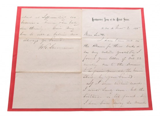 Letter Written By General William T. Sherman To William Scott Dated November 2, 1875