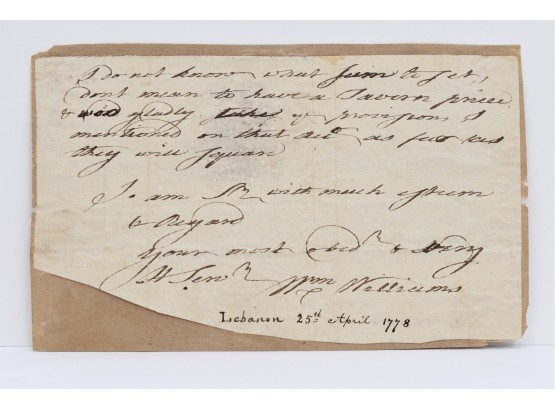 Autographed Note Signed By William Williams Of Connecticut In 1778
