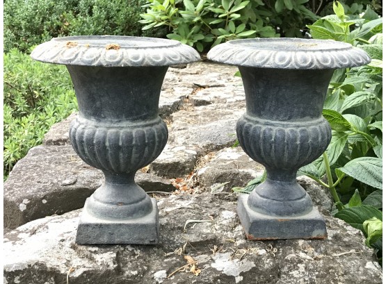 Pair Of Small Vintage Victorian Style Cast Iron Urns - Classic Form - Nice Pair !