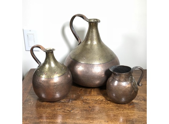 Lot Of Three Stunning Hand Hammered Copper Jugs - All Handworked - Very High Quality / Argentina
