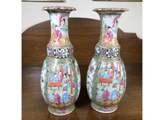 Two Stunning Antique / Vintage Matching Rose Medallion Vases - VERY Well Done - Great Details