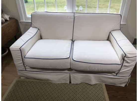 Nice 'Two Seater' Love Seat W/Slip Cover - Very Comfy - Light Cream W/Blue Piping - Great Quality !