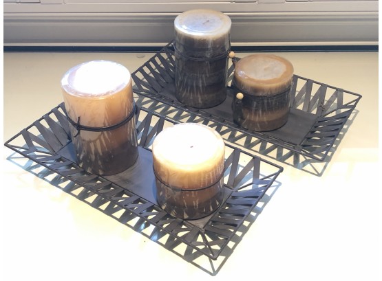 Two Decorative Metal Trays With Pier Candles