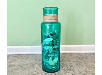 Pretty Turquoise Glass Vase With Sea Shells