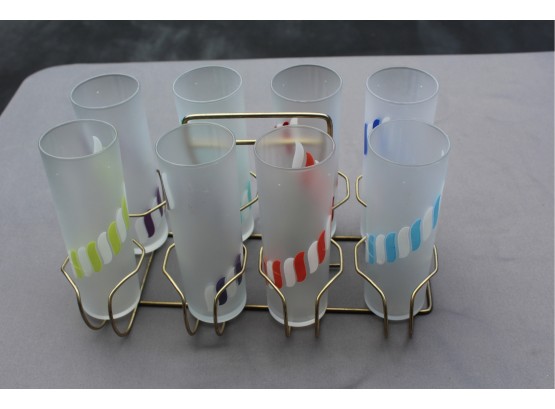 Vintage Libbey Set Of 8 Candy Stripe/Zombie Frosted Glasses With Caddy
