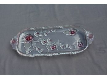 Very Pretty Glass Platter With Red Color Flower