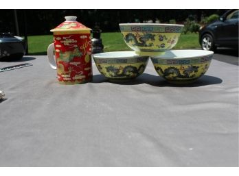 Chinese Dragon Rice Bowls And Dragon Ceramic Mug W/ Cover