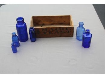 Incredible Vintage Blue Bottles And Vintage Wood Crate
