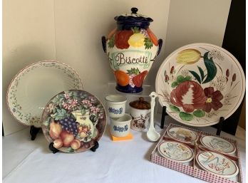 9 Pc ASSORTED KITCHEN LOT - BISCOTTI JAR, AMWAY GARLIC JAR, NEW MINI-PLATES, BOWLS, PFALTZGRAFF RAMEKINS,