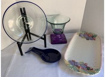 4 Pc. COLORED GLASS, DECORATIVE PLATE, SPOON REST, HAND BLOWN BOWL, PURPLE & GREEN VASE