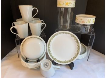 PYREX CANISTERS, CORELLE LIVINGWARE SPRING FLOWERS BOWLS, PLATES. 6 PALM RESTAURANT MUGS (see Description)