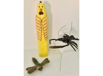 Decorative Creatures Lot: Wood Chicken 17'H, Metal Lobster 12' Sculpture, Ceramic Dragonfly 6'