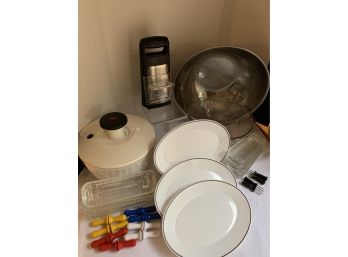 KITCHEN LOT- 8 GLASS CORN DISHES, 6 HOLDERS, OXO SPINNER, METROPLANE GRATER, 2 BOWLS, 3 ARCOPAL FRANCE PLATES