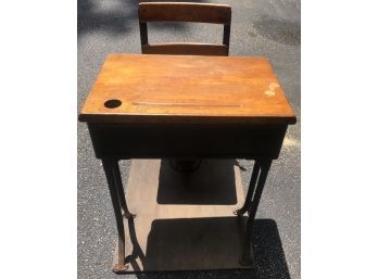 Early 1900's Cast Iron & Pine School Desk Mounted On Board From A Bridgeport, CT. Elementary School