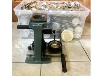 2 /14' Vintage Button Maker Press Machine   FULL Bin Of Blanks & Pins!