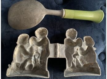 RARE ANTIQUE HINGED ICE CREAM MOLD MOTHER & CHILD ? #1882 (?) AND VINTAGE SCOOP- ORIGINAL CONDITION