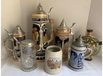 4 GERMAN BEER STEINS, 50's Italian Corfinio Ceramic Bottle, W. German Mug (see Description)