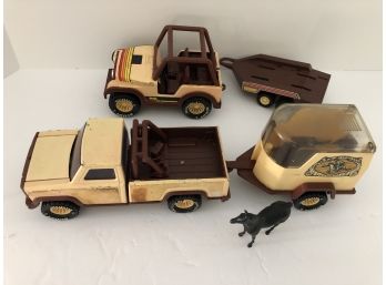 Vintage Assorted Pieces Buddy L Vehicles: Pickup Truck, Horse Trailer & Horse,  Jeep, Transport Trailer