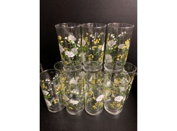 Lot Of 11 VINTAGE 5-3/4” TUMBLERS WHITE & YELLOW FLOWERS LIKE NEW