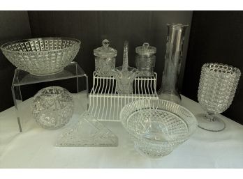 11 Pc. CRYSTAL/GLASS LOT- BOWLS, SUGAR JARS, NAPKIN HOLDER, BUBBBLE VASE, BASKET, ETCHED VASE