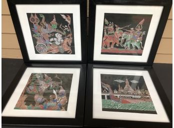 Set Of 4 Silk Screen Prints From Thailand 16' Square Framed