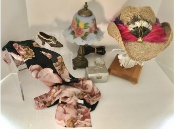 Ladies' Lot - 12' Boudoir Lamp, Echo Silk Scarf, Trinket Box, Porcelain Egg Box, Designer Straw Hat