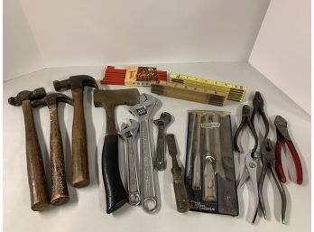 Assorted Hand Tools- Hammers Wrenches, Pliars,  Rulers, Chisels, Hatchet