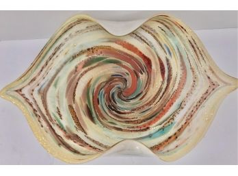 Vintage Murano Swirled Aventurine Gold Flecks Polished Pontil Art Glass Decorative Bowl 15' X 9'