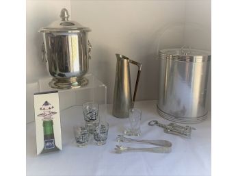 BAR LOT- WOODBURY PEWTER ICE BUCKET, MCM ROYAL HOLLAND DAALDEROP, SHOT GLASSES, TONGS, MIKASA WINE STOPPER