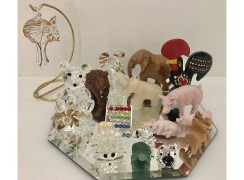 18 Piece Miniature Lot; Mostly Animals - Crystal, Wood, Glass, Ceramic, 2 Swarovski Hedgehog & Bear