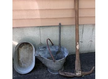 Galvanized Coal Bucket W/shovel & Oval Container,  Older Pick Ax - Head To Handle Needs Wedge